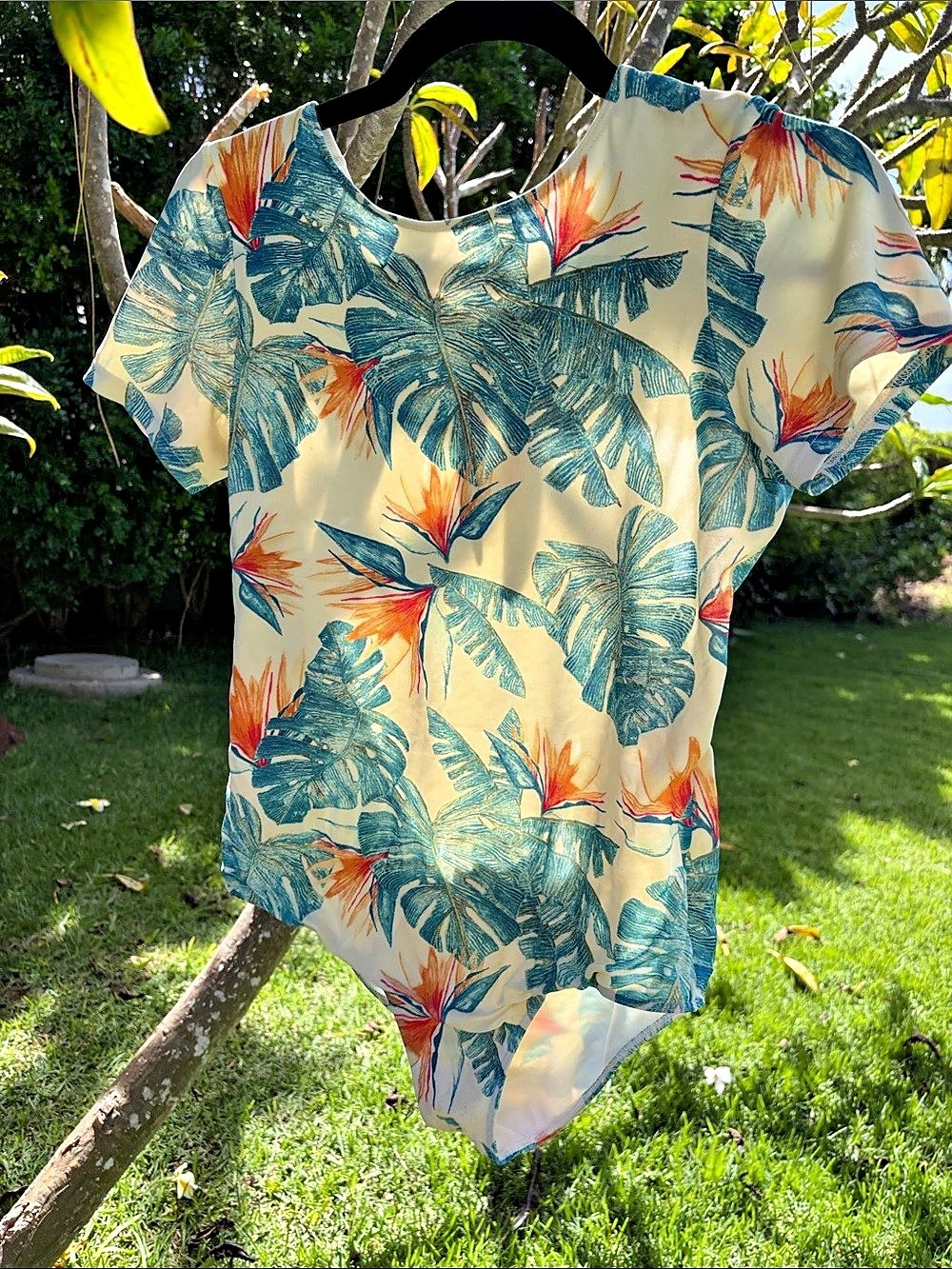 Roxy Tropical Floral Short Sleeve swimsuit in Cream & Blue